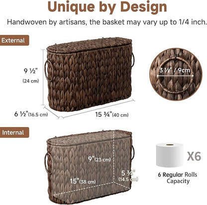 StorageWorks Bathroom Toilet Paper Storage Holder with Lid, Wicker Toilet Paper Basket for 6 Regular Rolls, Slim Basket Organizer with Handles, Water Hyacinth Storage Baskets for Bathroom, Brown