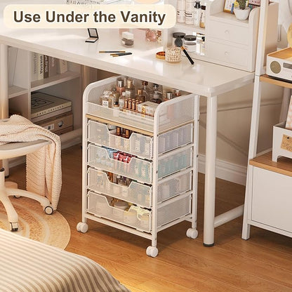 Hongtamoya Makeup Cart Organizer with 4 Drawers, Large Floor Skincare Organizers, Vanity Storage Organizer Cosmetics Display Cases for Skin Care Perfume Nail Polish, White