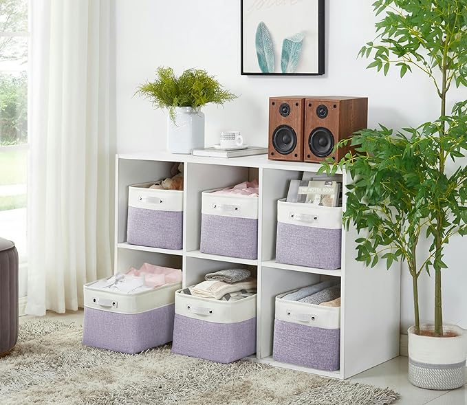 DECOMOMO Storage Bins, Large Fabric Storage Baskets for Shelves, Decorative Linen Closet Organizer, 15 x 11 x 9.5 inches (Purple & White, 3 Pack)