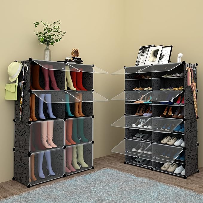 Shoe Rack Organizer, 32 Pair Shoe Storage Cabinet with Door Expandable Plastic Shoe Shelves for Closet,Heels,Boots,Slippers,8 Tier