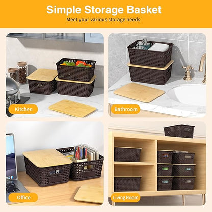Plastic Storage Baskets with Bamboo Lids and Labels, Stackable Storage Containers, Storage Bins for Organizing Shelves Drawers Desktop Closets Office, 6 Packs-Brown