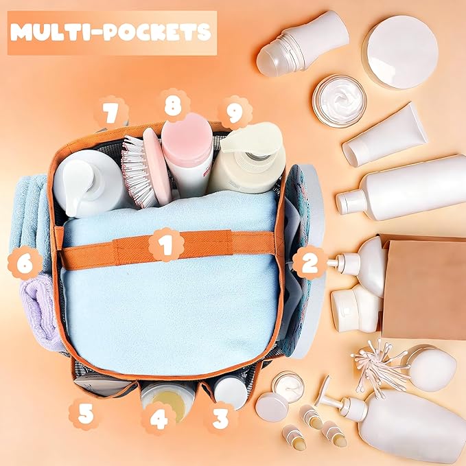 Attmu Mesh Shower Caddy Portable for College Dorm Room Camping Essentials, Shower Caddy Dorm with 9-Pockets, Large Capacity Hanging Basket Bathroom Bag for Toiletry, Swimming, Gym, Camp, Beach