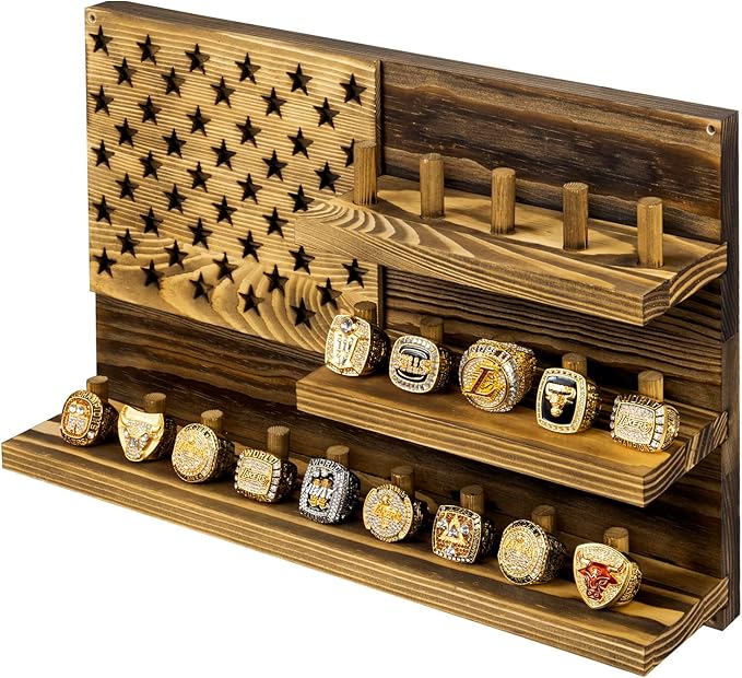 MyGift 2 Tier Wall Mounted Rustic Burnt Solid Wood Sports Championship Ring Holder with Basketball Cutout Backing, Jewelry Storage Display with 12 Pegs (3 Tier Wall Mounted)