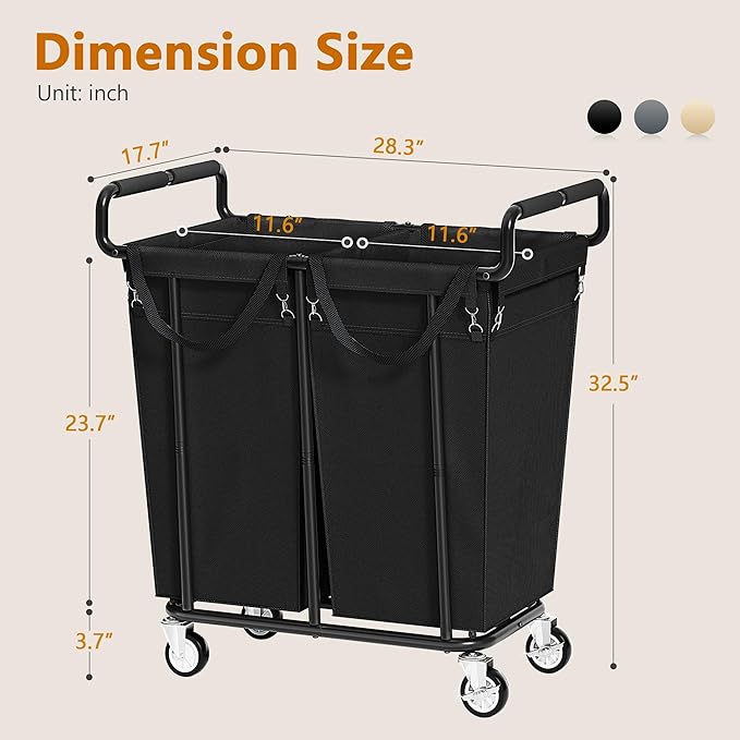 Large Laundry Hamper with Wheels, 2 - Bag 250L Rolling Medium Laundry Basket Sorter Cart, Medium - Sized Laundry Clothes Hamper, Heavy Duty Laundry Basket Organizer for Laundry Room, Bathroom