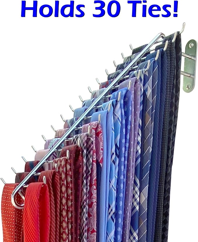 Swivel Tie Rack by WEEBAK, 30 Oversized Hooks, Men's or Women's Ties, Belts, and Scarfs Closet Accessory Organizer, Wall Mounted with provided Chrome Screws, Durable Metal, Chrome