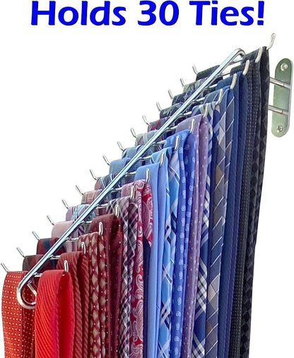 Swivel Tie Rack by WEEBAK, 30 Oversized Hooks, Men's or Women's Ties, Belts, and Scarfs Closet Accessory Organizer, Wall Mounted with provided Chrome Screws, Durable Metal, Chrome