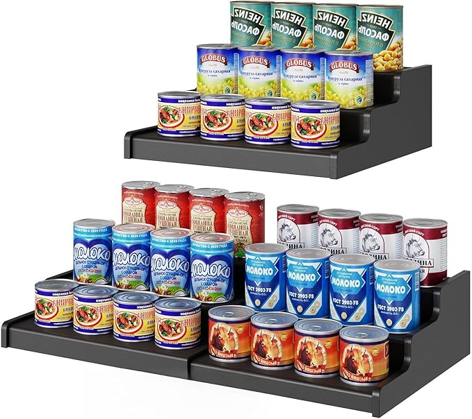 Expandable Bamboo Can Rack Organizer, 3-Tier Adjustable Pantry Storage, Can Holder for Kitchen & Pantry, Canned Food Soda Organizer, Holds Up to 24 Cans, Black (Patent Pending)