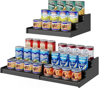 Expandable Bamboo Can Rack Organizer, 3-Tier Adjustable Pantry Storage, Can Holder for Kitchen & Pantry, Canned Food Soda Organizer, Holds Up to 24 Cans, Black (Patent Pending)