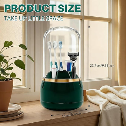 Toothbrush Holder with Lid Cosmetic Tools Organizer 360 Rotating 7-Slot Draining Waterproof Dustproof Make Up Brushes Toothbrush Storage for Dresser Vanity Bathroom Countertop