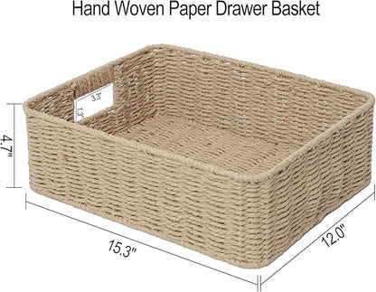 Drawer basket Handwoven Paper Rope Rectangular Shallow Basket Storage-15.35X12.01X4.72 Inches (Brown)