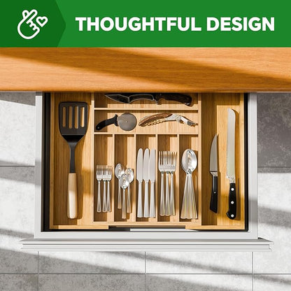 Simple Trending Bamboo Kitchen Drawer Organizer, Expandable Silverware Organizer, Utensil Cutlery Tray for Flatware, Natural