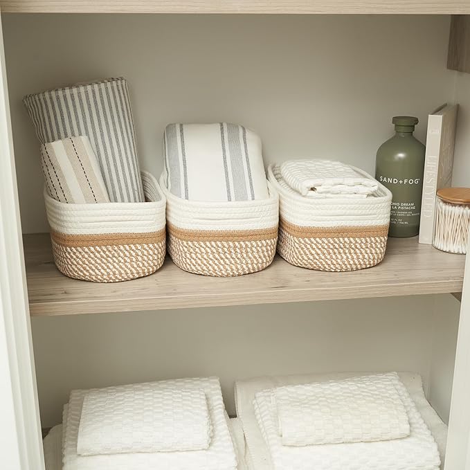 Beautiful Storage Basket Set of 3 - Sturdy Jute Rope Baskets for Shelves Are Perfect for Organizing Your Home - Quality Storage Bins Easily Fit With Any Nursery or Bedroom Decor