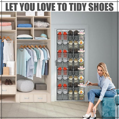 Windyun 40 Over The Door Shoe Organizer, Large Mesh Pocket Hanging Shoe Rack Hanger Large Capacity Gray Behind The Door Storage Holder for Dorm College Closet Entryway Bedroom Utility Room Women Men