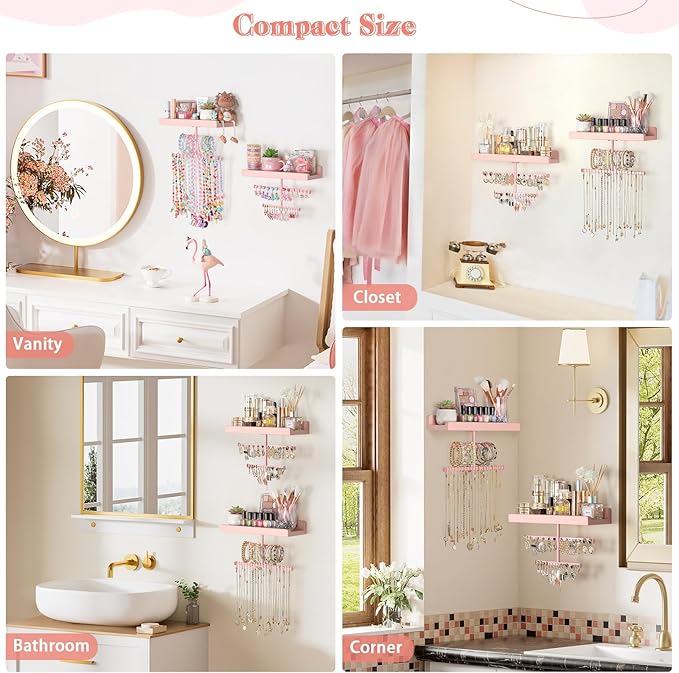 Keebofly Jewelry Organizer Wall Mounted Hanging with Wooden Shelf for Kids, Girls, Teens, Jewelry Holder Storage Display for Earring, Necklace, Bracelet, Bow, Pink, (Patented)