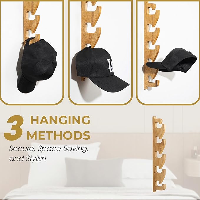 2 Pack Acacia Wood Hat Organizer for Wall, Vertical Baseball Cap Display Rack with 3 Hanging Options, Hat Holder with Adhesive or Screws, Space-Saving Storage for Closet & Entryway