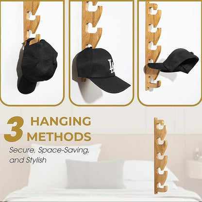 2 Pack Acacia Wood Hat Organizer for Wall, Vertical Baseball Cap Display Rack with 3 Hanging Options, Hat Holder with Adhesive or Screws, Space-Saving Storage for Closet & Entryway
