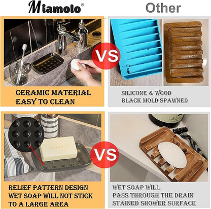 Miamolo Soap Dish, Ceramic Soap Holder Shower Soap Dish for Bar Soap Sponge, Soap Saver Tray for Bathroom Kitchen Sink, Black