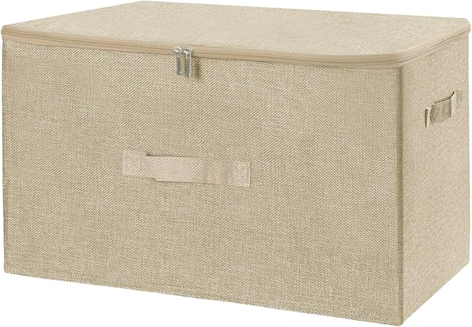 ANMINY Storage Bins with Zipper Lids 51.9 Qt Lidded Fabric Storage Boxes Baskets Cubes with Handles Collapsible Washable Cotton Linen Closet Shelf Clothes Organizer - Beige, Extra Large
