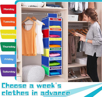 2 Pack 6 Shelves Weekly Hanging Closet Organizer 11.8 x 11.8 x 42.5 Inches Daily Activity Kids Clothes Storage Organizer Drawers Kids Hanging Cube Organizer Drawers Closet Hanging Shelves
