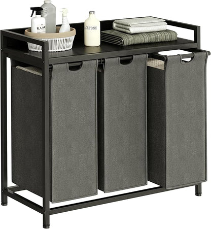 Herture Laundry Hamper with Shelf, Laundry Basket 3 Section, Laundry Sorter with Pull-Out Removable Large Bags and Movable Wheels, Metal Frame, 3 x 15.87 Gallons (60L), Black and Gray PF04XLC