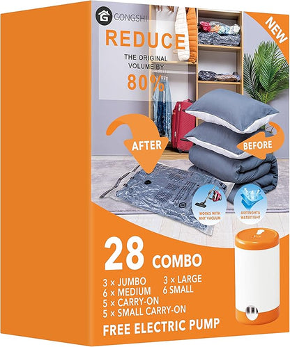 GONGSHI Vacuum Seal Bags for Clothing Travel & Home Storage, Travel Vacuum Bags with Electric Pump,Space Saver for Blankets, Comforters, Pillows, Clothes,28 Combo
