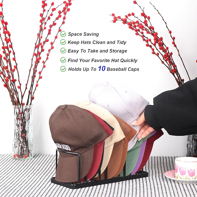 4 Pack Baseball Cap Organizer, Metal Hat Rack Holds 40 Caps, Free-Standing/No Install Hat Stand for Closet Shelf & Tabletop, Space-Saving Hat Holder for Baseball & Golf Caps