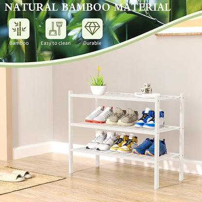 ROMGUAR CRAFT 3 Tier Bamboo Shoe Rack for Closet Free Standing Wood Shoe Shelf Storage Organizer for Entryway Small Space Stackable 27"x11"x20" (White)