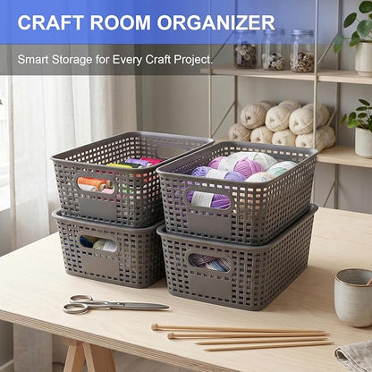 6 Pack Small Plastic Storage Baskets with Lids, Plastic Storage Baskets for Organizing, Stackable Organizer Baskets, Small Storage Bins for Shelves,Closet,Craft Room,Playroom,Classroom,Office, Grey