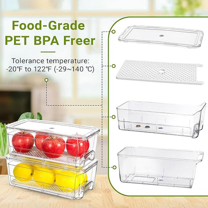 Imncya Pull-Out Fridge Organizer, Stackable Refrigerator Drawer Organizer Bins, Fridge Drawers Food Storage Containers for Fruits, Vegetables, Drinks, Snack (3 Pack Clear)