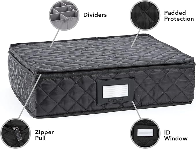 Covermates Flatware Storage Case with Removable Trays, Quilted Silverware Organizer with ID Window, Zipper Closure, Washable Protective Kitchen Storage Container, 15.5x11.5x3.5, Black
