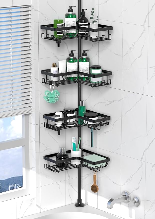 DAOYA Corner Shower Caddy Tension Pole - 4 Tier Stainless Steel Rustproof Shower Corner Caddy for Bathtub Bathroom Shower Organizer Shelves Adjustable Pole 25-114.2 Inch Black