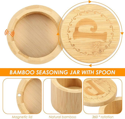 2 Layers Acacia Wood Salt & Pepper Bowl with Built-in Spoon and Magnetic Swivel Lid - Dustproof Salt Holder for Kitchen Serving (Wood)