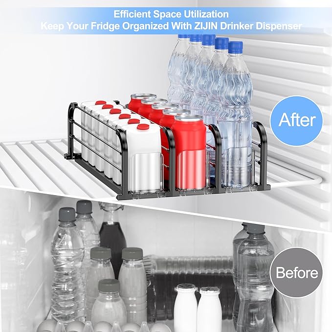 Automatic Drink Organizer for Fridge, Refrigerator Soda Can Dispenser & Beverage Pusher Glide for Pantry, Cooler & Kitchen, Self-Pushing Drink Holder for Soda, Beer, Seltzer - Black, 3 Rows-15"D
