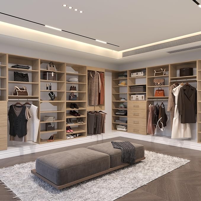 Modular Closet System, 52" Wide Closet Organizer System with Tower and Drawers, Wood Tower Closet Storage for Walk In Closets, Wall Mounted Wardrobe Organizer Kit System, Bedroom, Wood