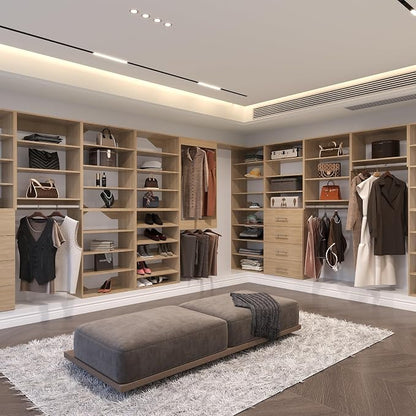 Modular Closet System, 52" Wide Closet Organizer System with Tower and Drawers, Wood Tower Closet Storage for Walk In Closets, Wall Mounted Wardrobe Organizer Kit System, Bedroom, Wood