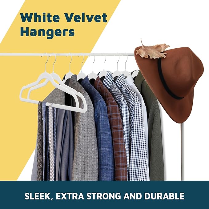 Lifemaster Velvet Clothes Hanger – with 360 Degree Swivel Hook and Non-Slip Shoulder Notch, Holds Up to 10 lbs, Heavy Duty Hanger Set, for Organizing Suit, Dress, Coat, and Clothes, Pack of 50, White