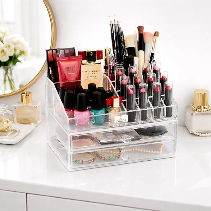 Decozen Makeup Organizer - Vanity Storage with Multiple Compartments and Drawers for Brushes, Lipsticks, Jewelry, Perfect for makeup organizer countertop, makeup holders and organizers, Gift for Mom