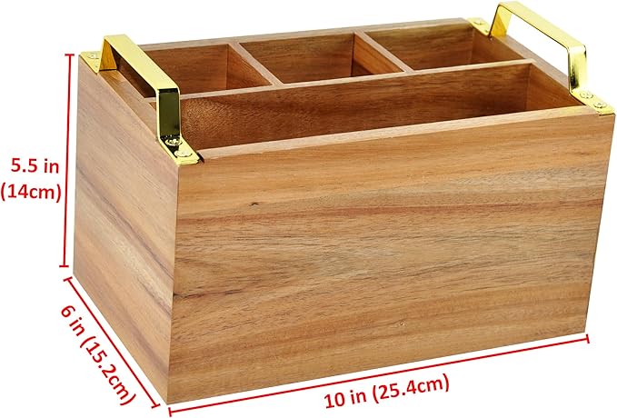 Acacia Wood Flatware Caddy - 4 Compartment Silverware Utensil Holder with Golden Metal Handles - 10" W x 6" D x 6.5" H, 2 lbs