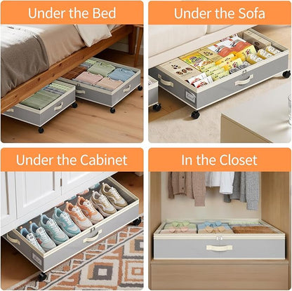 Yecaye 80L Under Bed Storage with Wheels, 2 Pack Under Bed Storage Containers with Lids for Clothes, Shoes and Blankets, Metal Rolling Underbed Storage Drawers for Bedrooms and Dorms, Grey