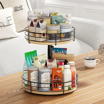 Lazy Susan Spice Rack Organizer Turntable Height Adjustable, 12 Inch Wood Lazy Susan 2 Tier, Rotating Spice Rack Organizer for Cabinet Dining Table Top Kitchen Bathroom Countertop Black