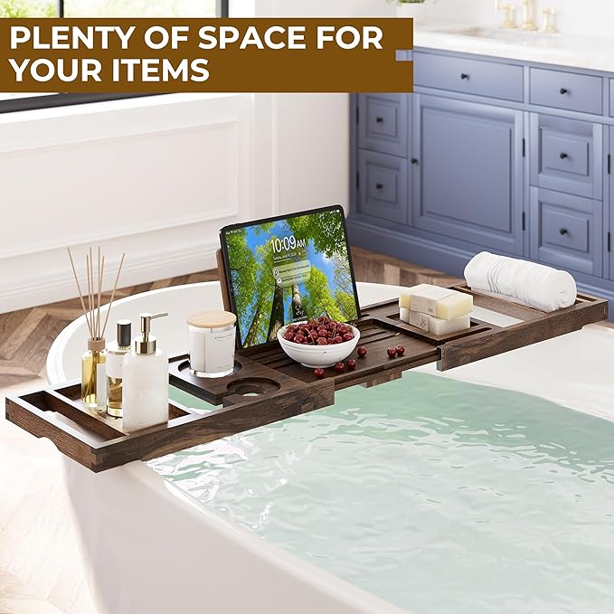 Venusmiles Teak Bathtub Tray Caddy, Foldable Bath Tray with Expandable Handles, Wine Glass and Phone Holders, Book Stand, for Home Spa Relaxation, Luxury Bathroom Accessories - Dark Walnut Color