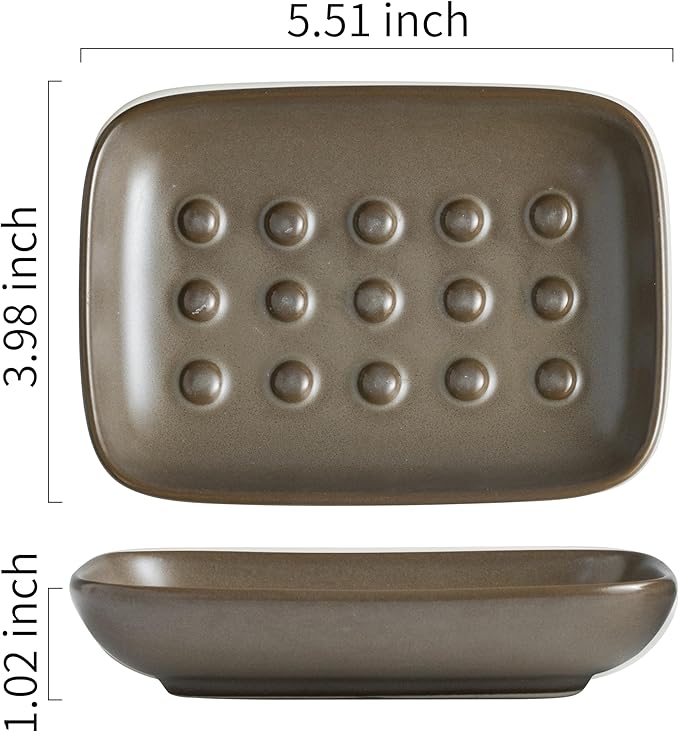 Miamolo Soap Dish for Shower, Ceramic Bar Soap Holder, Soap Saver Non-Slip, Decorative Sponge Tray for Bathroom Kitchen Sink Bathtub, Multi-Purpose, Raised Pattern - Keep Soap Dry, Brown