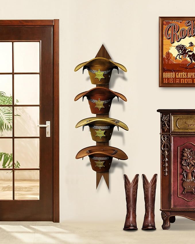 Hongmed Cowboy Hat Rack Wall Mount, Solid Pine Wood Hat Holder for Wall Holds 4 Hats, Western Style Arrow Design Hat Storage Hanger for Display and Organization, Handcrafted Hat Rack for Cowboys