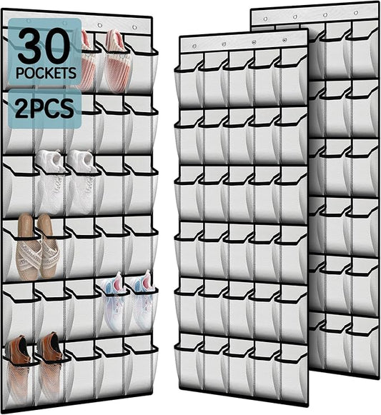 Kotkn Over the Door Shoe Organizer with 30 Breathable Mesh Pockets (2PC-White)