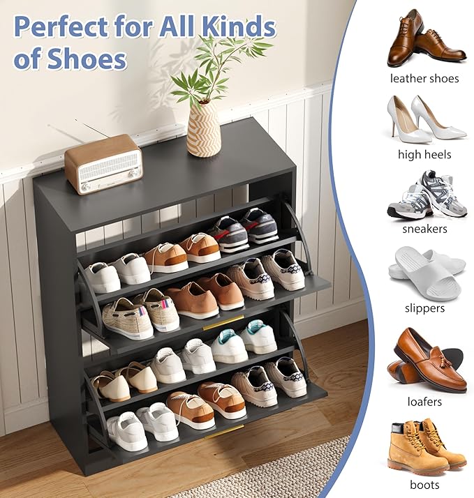 Shoe Cabinet with 2 Flip Drawers, Black Shoe Cabinet Storage for Entryway, Modern Shoe Organizer Wood, Freestanding Small Thin Shoe Racks with Doors, Black