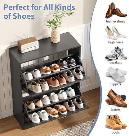 Shoe Cabinet with 2 Flip Drawers, Black Shoe Cabinet Storage for Entryway, Modern Shoe Organizer Wood, Freestanding Small Thin Shoe Racks with Doors, Black
