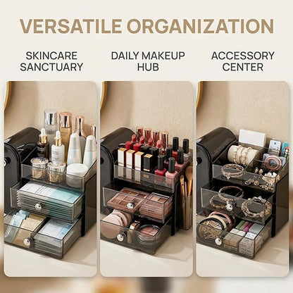 27 Slot Countertop Makeup Organizer with Brush Holder, 3-Tier Multifunctional Makeup Storage Organizer for Vanity, Fits Brushes & Large Cosmetics, Detachable & Easy to Clean