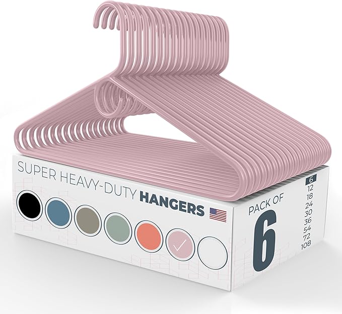 Super Heavy Duty Clothes Hangers 6 Pack – Made in the USA - 10lb Capacity, Thick Plastic Hangers for Pants, Coats, Jackets, Jeans and Adult Clothing – Pink