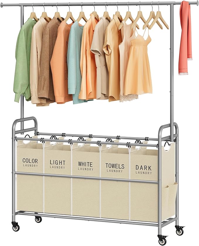 Tajsoon Laundry Sorter with Hanging Bar, 5 Bag Laundry Sorter with Wheels, 246L (65 Gal.) Laundry Hamper with Adjustable Hanging Rack, Laundry Room Organization and Storage, Beige