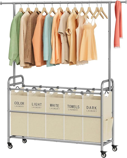 Tajsoon Laundry Sorter with Hanging Bar, 5 Bag Laundry Sorter with Wheels, 246L (65 Gal.) Laundry Hamper with Adjustable Hanging Rack, Laundry Room Organization and Storage, Beige